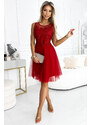 numoco basic CATERINA - Velmi žensky působící červené dámské šaty s plastickou výšivkou a jemným tylem 522-3