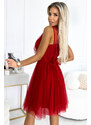 numoco basic OLGA - Červené dámské tylové šaty s výstřihem a ozdobnou přezkou 525-3