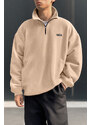 Trendyol Beige Oversize/Wide Fit Zipper High Neck Labeled Thick Fleece/Plush Sweatshirt