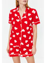 Trendyol Red 100% Cotton Heart Patterned Piping Detailed Shirt-Shorts Knitted Pajamas Set