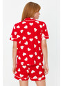 Trendyol Red 100% Cotton Heart Patterned Piping Detailed Shirt-Shorts Knitted Pajamas Set