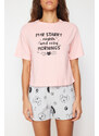 Trendyol Pink-Grey 100% Cotton Motto Printed Knitted Pajamas Set