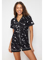 Trendyol Black 100% Cotton Galaxy Patterned Knitted Pajamas Set with Piping Detail