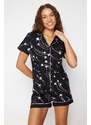 Trendyol Black 100% Cotton Galaxy Patterned Knitted Pajamas Set with Piping Detail