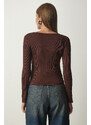 Happiness İstanbul Women's Brown Button Collar Ribbed Crop Knitted Blouse