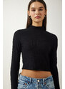 Happiness İstanbul Women's Black Turtleneck Corded Crop Knitted Blouse