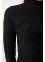 Happiness İstanbul Women's Black Turtleneck Corded Crop Knitted Blouse