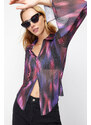 Trendyol Purple Special Textured Regular/Normal Pattern Printed Shirt Collar Flexible Knitted Blouse