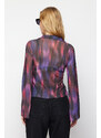 Trendyol Purple Special Textured Regular/Normal Pattern Printed Shirt Collar Flexible Knitted Blouse