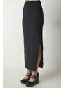 Happiness İstanbul Women's Black Knitted Woven Midi Skirt with a Slit