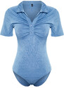 Trendyol Premium Blue Shiny Surface and Soft Textured Polo Neck Knitted Bodysuit