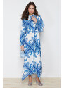 Trendyol Blue Shawl Pattern Asymmetric Skirt Detailed Tied Woven Dress