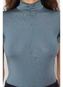 Trendyol Open Anthracite Zippered Stand-Up Collar Zippered Short Sleeved Flexible Snap Fastener Knitted Body