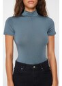 Trendyol Open Anthracite Zippered Stand-Up Collar Zippered Short Sleeved Flexible Snap Fastener Knitted Body