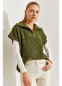 Bianco Lucci Women's Collar Zippered Short Sleeve Knitwear Sweater