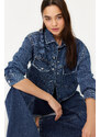 Trendyol Blue Ripped Detailed Oversize Crop Denim Shirt Jacket