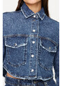 Trendyol Blue Ripped Detailed Oversize Crop Denim Shirt Jacket