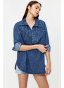 Trendyol Dark Blue More Sustainable Oversize Denim Shirt with Pocket Detail
