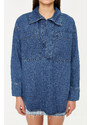 Trendyol Dark Blue More Sustainable Oversize Denim Shirt with Pocket Detail