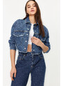 Trendyol Blue Ripped Detailed Oversize Crop Denim Shirt Jacket