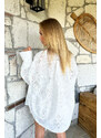 Trend Alaçatı Stili Women's Ecru Wide Cuffed Guipure and Embroidery Oversize Woven Shirt