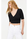Trendyol Black Double Breasted Collar Crop Fitted Lace Detailed Cotton Stretchy Knitted Blouse