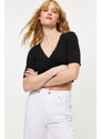 Trendyol Black Double Breasted Collar Crop Fitted Lace Detailed Cotton Stretchy Knitted Blouse