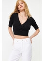 Trendyol Black Double Breasted Collar Crop Fitted Lace Detailed Cotton Stretchy Knitted Blouse