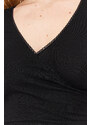 Trendyol Black Double Breasted Collar Crop Fitted Lace Detailed Cotton Stretchy Knitted Blouse