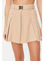 Trendyol Beige Belted Pleated High Waist Mini Denim Skirt