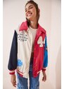 Happiness İstanbul Women's Cream Pink Embroidered Crest Bomber Coat