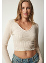 Happiness İstanbul Women's Cream V-Neck Crop Knitted Blouse