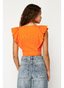 Trendyol Orange Sleeves Ruffled Ribbed Stretchy Crop Knitted Blouse