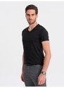 Ombre Clothing Bavlněné pánské černé tričko s výstřihem do V V1-TSBS-0145