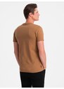 Ombre Clothing Bavlněné pánské hnědé tričko s výstřihem do V V8-TSBS-0145