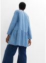 bonprix Džínová tunika s volánem a dlouhými rukávy, z organické bavlny Modrá