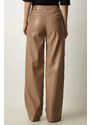 Happiness İstanbul Women's Biscuit Premium Pocket Faux Leather Trousers