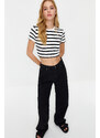 Trendyol Premium Black Ecru Striped Viscose Crop Crew Neck Stretch Knitted Blouse