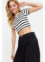 Trendyol Premium Black Ecru Striped Viscous/Soft Fabric Crop Crew Neck Stretchy Knitted Blouse