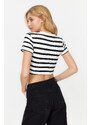 Trendyol Premium Black Ecru Striped Viscous/Soft Fabric Crop Crew Neck Stretchy Knitted Blouse