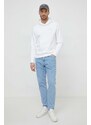 Bavlněná mikina Calvin Klein pánská, bílá barva, s kapucí, s potiskem