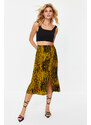 Trendyol Mustard Slit Detail Viscose Fabric Patterned Midi Woven Skirt