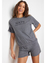 Trendyol Gray Melange Cotton Slogan Printed Knitted Pajamas Set