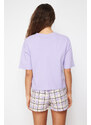 Trendyol Lilac 100% Cotton Motto Printed Knitted Pajamas Set