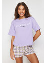 Trendyol Lilac 100% Cotton Motto Printed Knitted Pajamas Set