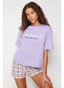 Trendyol Lilac 100% Cotton Motto Printed Knitted Pajamas Set