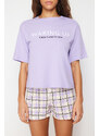 Trendyol Lilac 100% Cotton Motto Printed Knitted Pajamas Set