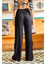 Olalook Women's Black Belted Woven Viscose Palazzo Pants