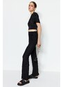 Trendyol černé plisované rozevláté / španělské pletené kalhoty s vysokými nohavicemi