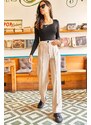 Olalook Women's Stone Stitching Detailed Wide Leg Wool Effect Trousers